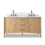 A simple transitional shape designed to function across styles. This bath vanity nods to heritage designs with the softly shaped backsplash, dowel legs, rounded corners and arch frame detail, finished with mixed hardware for added visual interest. Finished with a bath-safe sealant for moisture resistance. Amethyst Home provides interior design, new home construction design consulting, vintage area rugs, and lighting in the Portland metro area.
