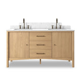 A simple transitional shape designed to function across styles. This bath vanity nods to heritage designs with the softly shaped backsplash, dowel legs, rounded corners and arch frame detail, finished with mixed hardware for added visual interest. Finished with a bath-safe sealant for moisture resistance. Amethyst Home provides interior design, new home construction design consulting, vintage area rugs, and lighting in the Portland metro area.