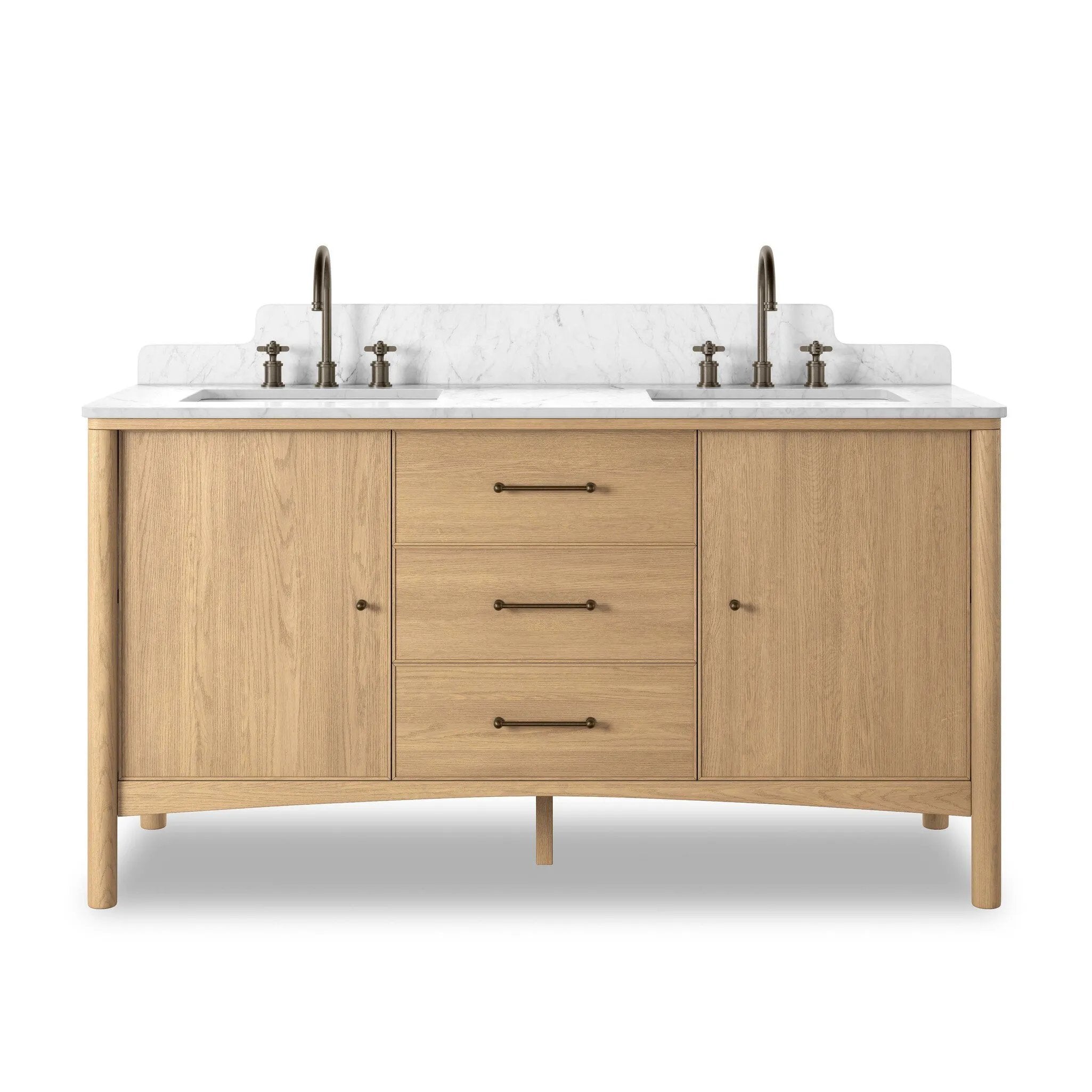 A simple transitional shape designed to function across styles. This bath vanity nods to heritage designs with the softly shaped backsplash, dowel legs, rounded corners and arch frame detail, finished with mixed hardware for added visual interest. Finished with a bath-safe sealant for moisture resistance. Amethyst Home provides interior design, new home construction design consulting, vintage area rugs, and lighting in the Portland metro area.