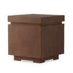 This outdoor propane tank enclosure pairs with fire tables for a clean, seamless look. Made from glass-reinforced concrete, each piece is naturally finished with deep tones of pewter and dark grey. It can act as an end table with its lid on, and has cutouts at the base for hose attachments. Amethyst Home provides interior design, new home construction design consulting, vintage area rugs, and lighting in the Kansas City metro area.