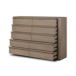 Rounded corners soften the straight-edged look of this 10-drawer dresser, crafted from natural oak in a warm grey finish. Wide smooth-gliding drawers are fully finished on the inside Amethyst Home provides interior design, new home construction design consulting, vintage area rugs, and lighting in the Kansas City metro area.