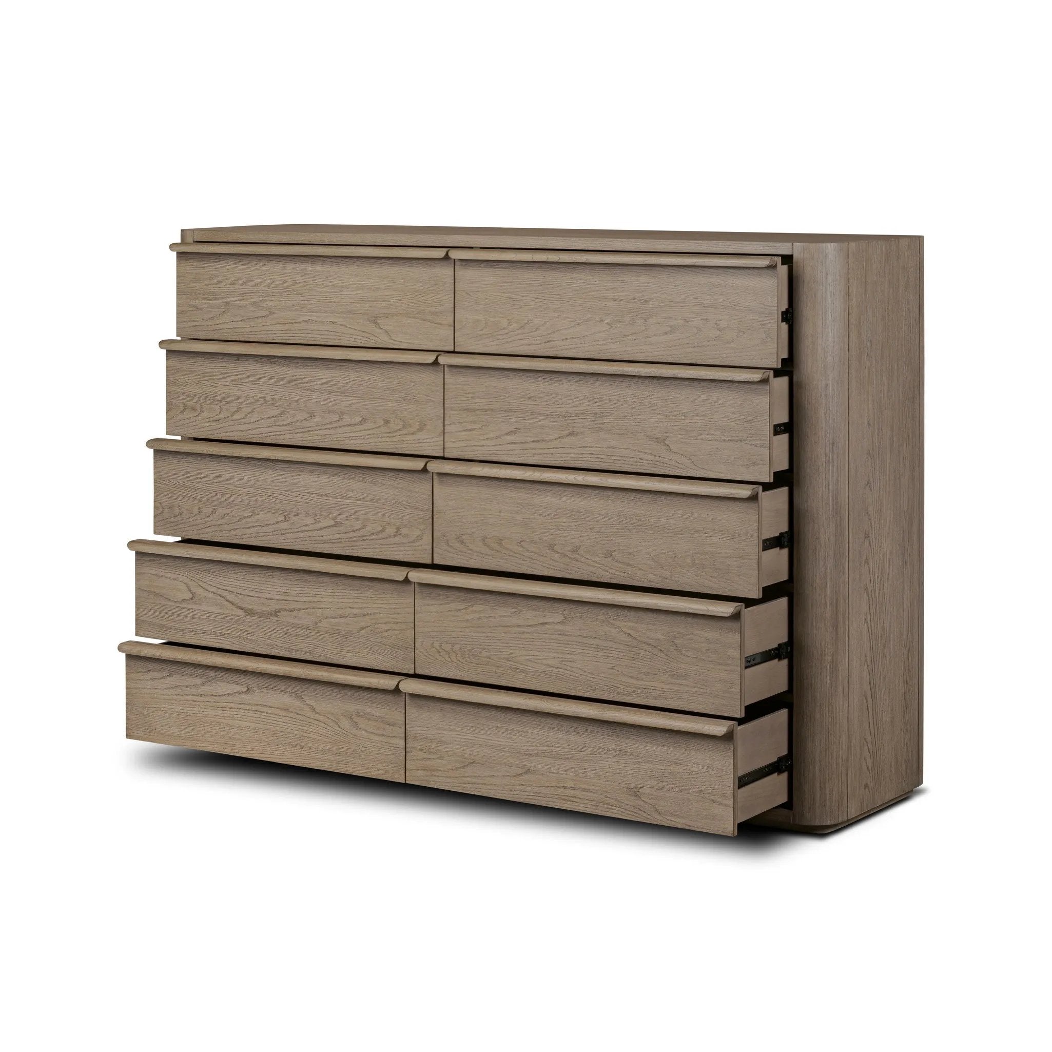 Rounded corners soften the straight-edged look of this 10-drawer dresser, crafted from natural oak in a warm grey finish. Wide smooth-gliding drawers are fully finished on the inside Amethyst Home provides interior design, new home construction design consulting, vintage area rugs, and lighting in the Kansas City metro area.