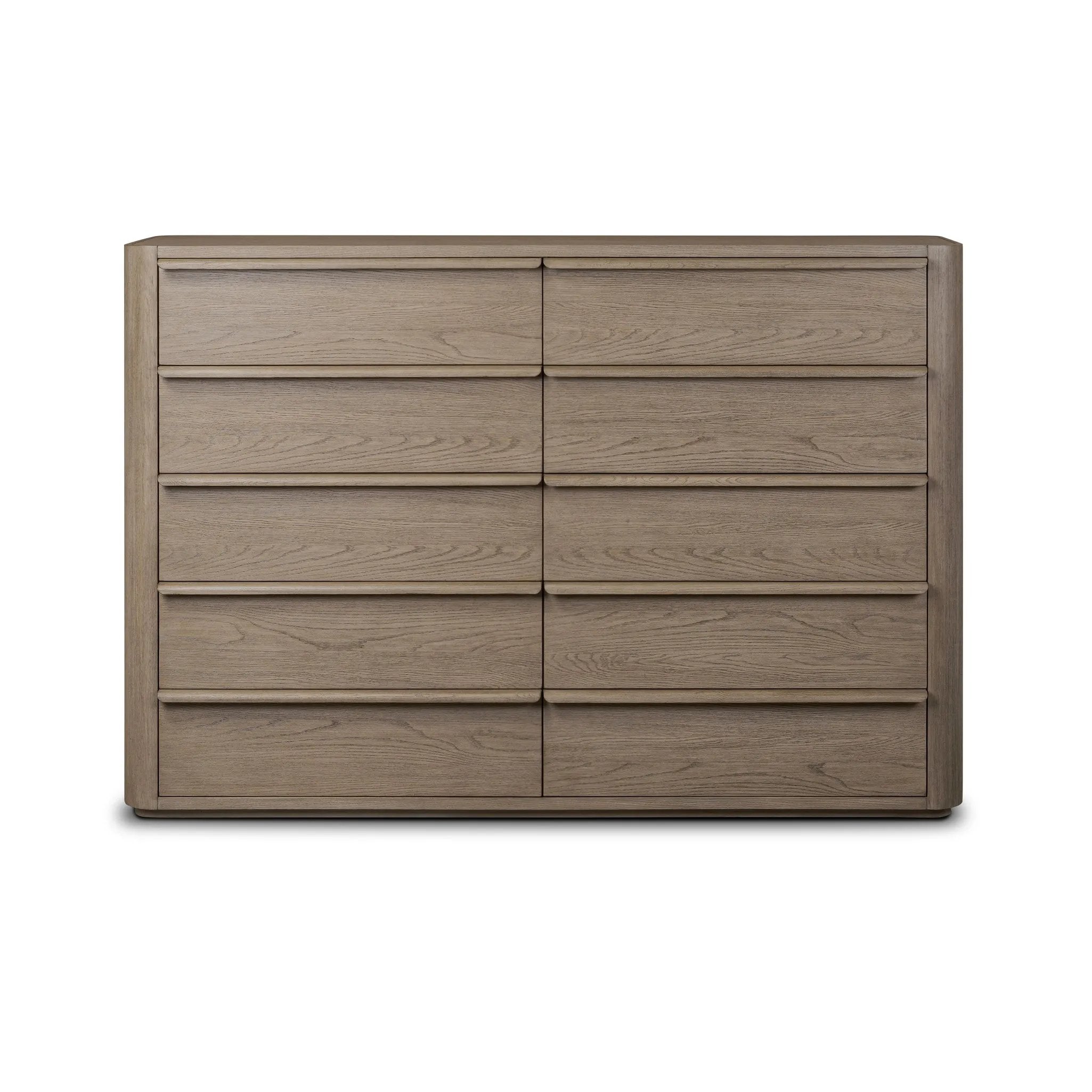 Rounded corners soften the straight-edged look of this 10-drawer dresser, crafted from natural oak in a warm grey finish. Wide smooth-gliding drawers are fully finished on the inside Amethyst Home provides interior design, new home construction design consulting, vintage area rugs, and lighting in the Omaha metro area.