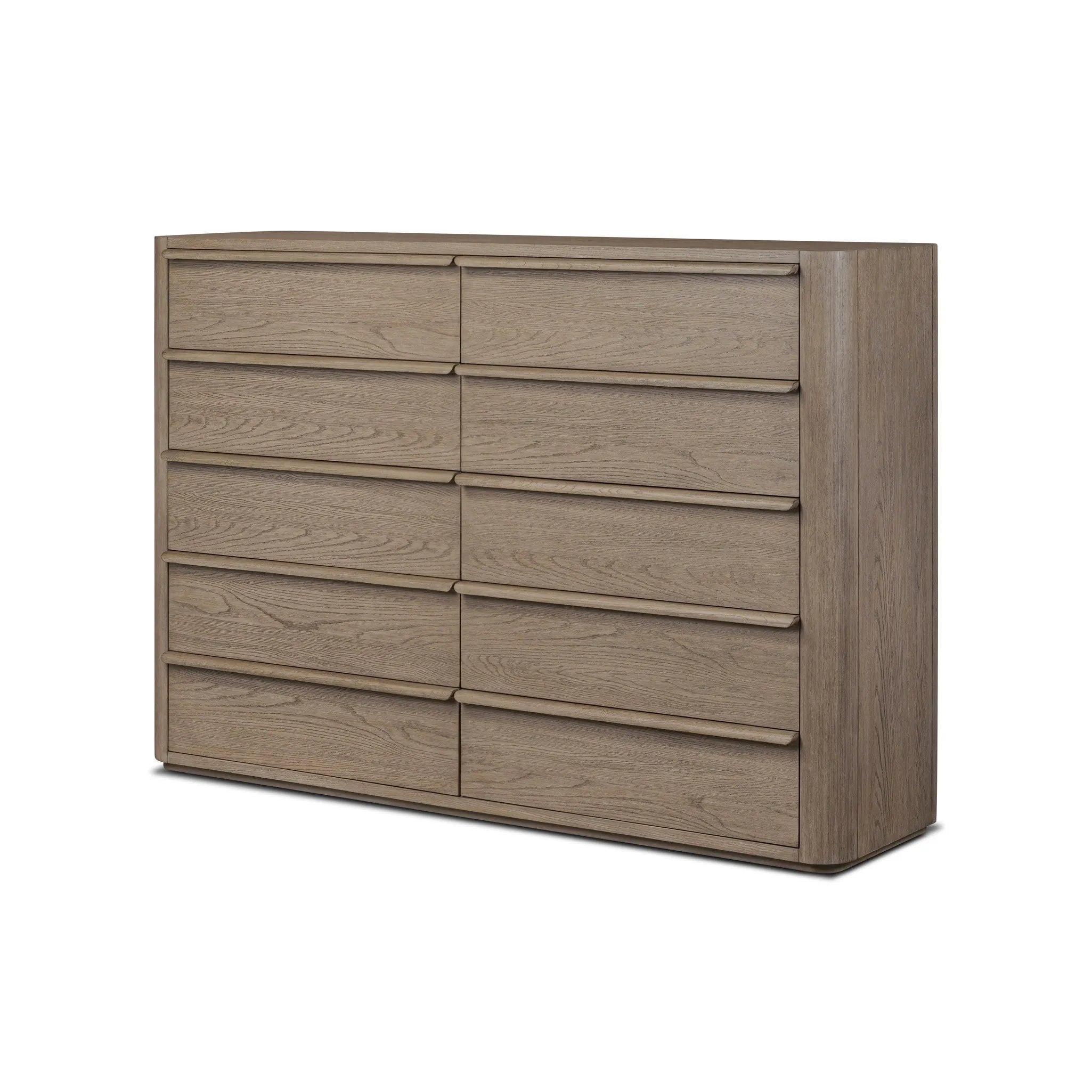 Rounded corners soften the straight-edged look of this 10-drawer dresser, crafted from natural oak in a warm grey finish. Wide smooth-gliding drawers are fully finished on the inside Amethyst Home provides interior design, new home construction design consulting, vintage area rugs, and lighting in the Portland metro area.