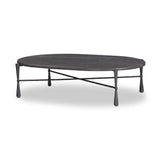 A cradle base of bronze-finished iron supports a pill-shaped tabletop of grey Italian marble, for a classic material mix. Legs shape a squared hourglass with ball detailing in the center, balancing weighty materials with a light look.As lovers of organic modern design at Amethyst, we love the optimistic inspired Rayna Coffee Table. Amethyst Home provides interior design, new home construction design consulting, vintage area rugs, and lighting in the Washington metro area.