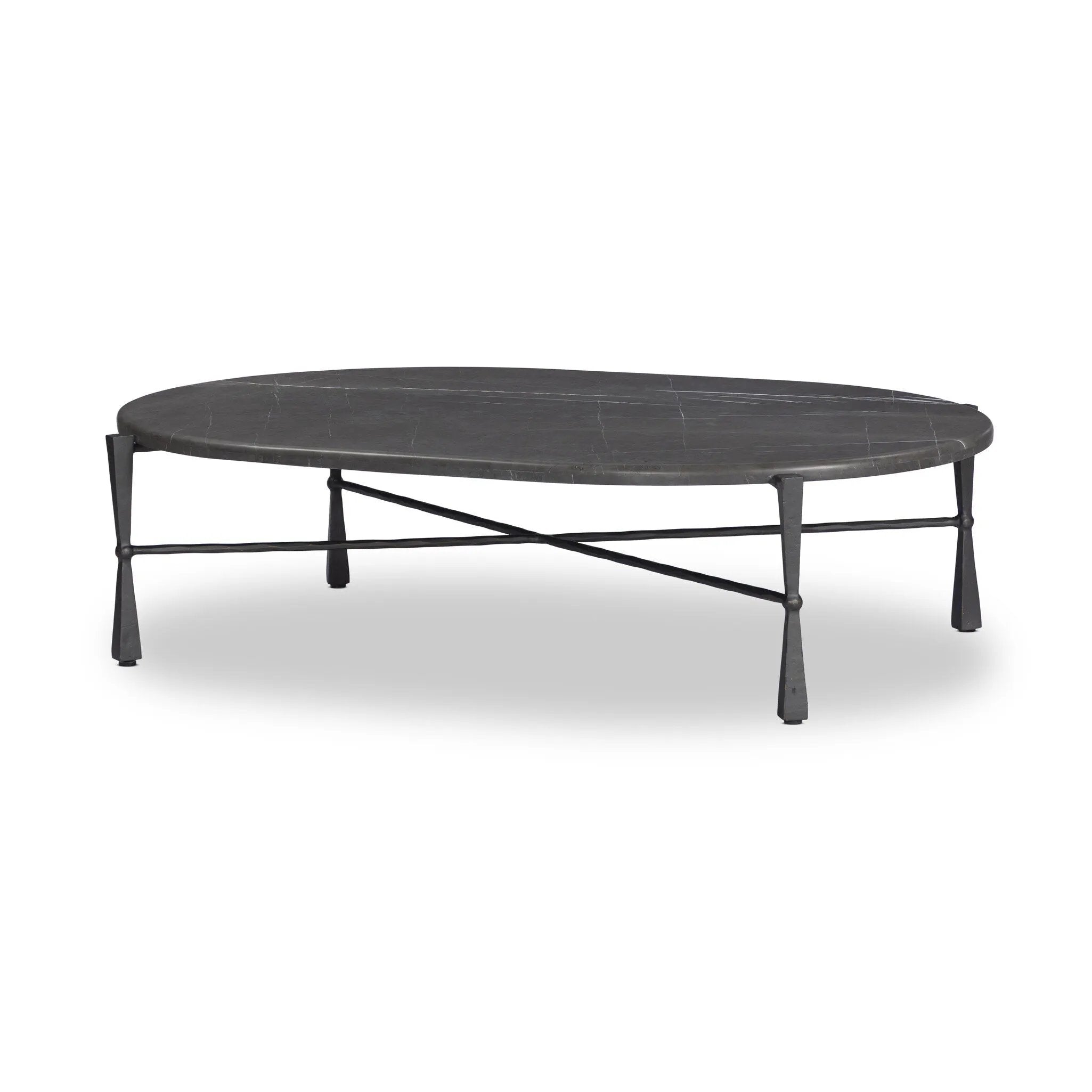 A cradle base of bronze-finished iron supports a pill-shaped tabletop of grey Italian marble, for a classic material mix. Legs shape a squared hourglass with ball detailing in the center, balancing weighty materials with a light look.As lovers of organic modern design at Amethyst, we love the optimistic inspired Rayna Coffee Table. Amethyst Home provides interior design, new home construction design consulting, vintage area rugs, and lighting in the Washington metro area.