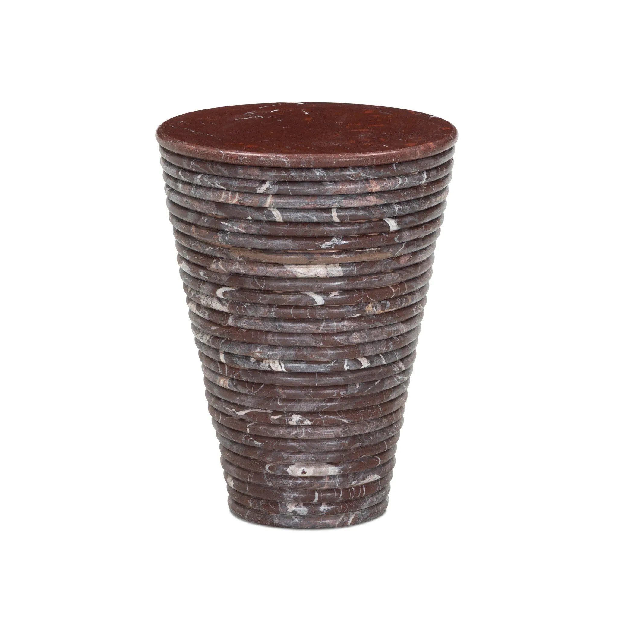 An elevated, modern addition to any room, this cone-shaped end table of solid marble features stacked reeding for a look of continuous movement.As enthusiasts of wabi sabi aesthetics at Amethyst, we love the nature inspired Reeves Large End Table - Cordovan Marble. Amethyst Home provides interior design, new home construction design consulting, vintage area rugs, and lighting in the Salt Lake City metro area.