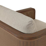 Softness is the story of this mixed material outdoor chair. With thick, sink-in cushioning and a loose pillow on the seatback, the silhouette comes together with a barrel-shaped, FSC®-certified teak frame featuring a crosshatch cane panel. Cover or store inside during inclement weather and when not in use. Amethyst Home provides interior design, new home construction design consulting, vintage area rugs, and lighting in the Laguna Beach metro area.