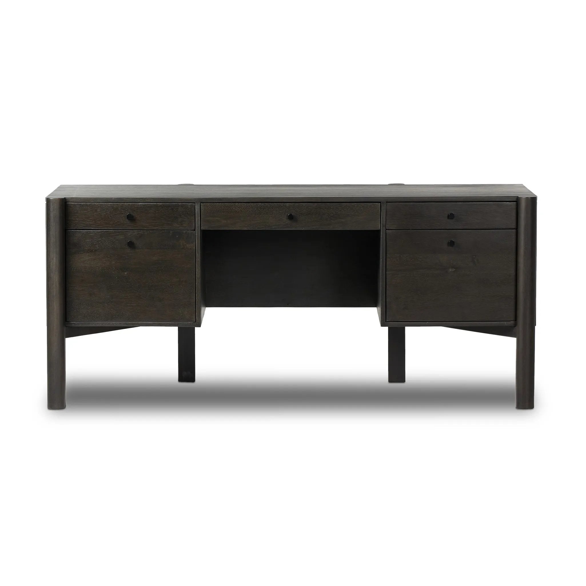 A storage-driven desk made from solid acacia and finished in a distressed black. Twist-lock metal hardware adds a clever finishing touch Amethyst Home provides interior design, new home construction design consulting, vintage area rugs, and lighting in the Nashville metro area.