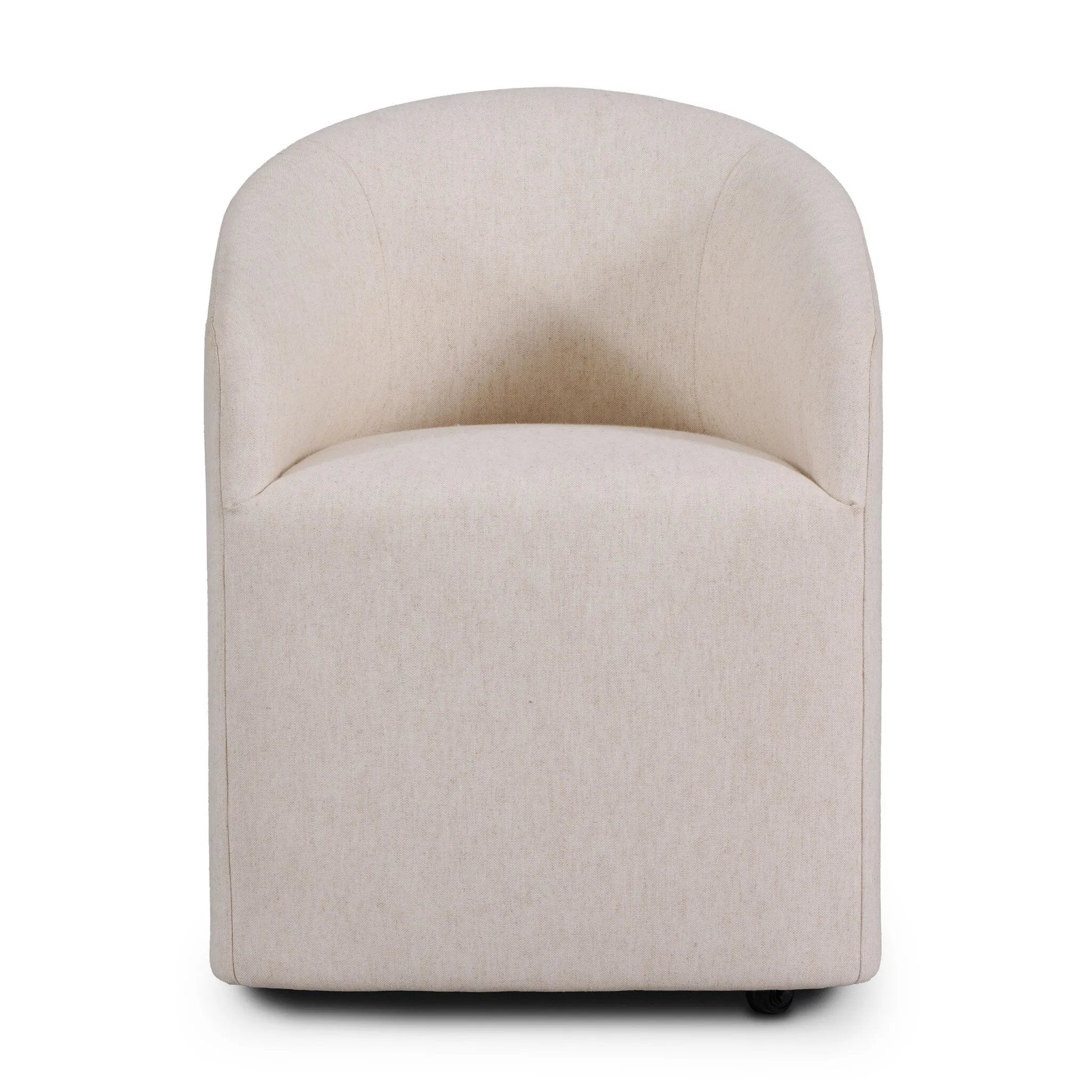 A fully upholstered barrel-style back dining chair creates a comfortable, cocoon-like sit. Slight scale perfect for smaller dining spaces Amethyst Home provides interior design, new home construction design consulting, vintage area rugs, and lighting in the San Diego metro area.