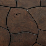 Inset panels of solid teak root are laminated to create a mosaic look against beautiful natural graining. Between angled armrests, cushioned seating is upholstered in a durable Italian fabric for an elevated look with a linen hand feel. Amethyst Home provides interior design, new home construction design consulting, vintage area rugs, and lighting in the Alpharetta metro area.