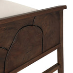 Inset panels of solid teak root are laminated to create a mosaic look against beautiful natural graining. Between angled armrests, cushioned seating is upholstered in a durable Italian fabric for an elevated look with a linen hand feel. Amethyst Home provides interior design, new home construction design consulting, vintage area rugs, and lighting in the Austin metro area.