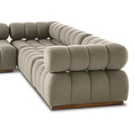 A modern take on mid-century Italian design, soft volume and exaggerated proportions fuse for a sculpted look and playful feel. Atop a plinth-style teak base, outdoor-friendly five-piece sectional features dramatic tufting for a padded sit, indoors and out. Amethyst Home provides interior design, new home construction design consulting, vintage area rugs, and lighting in the Portland metro area.