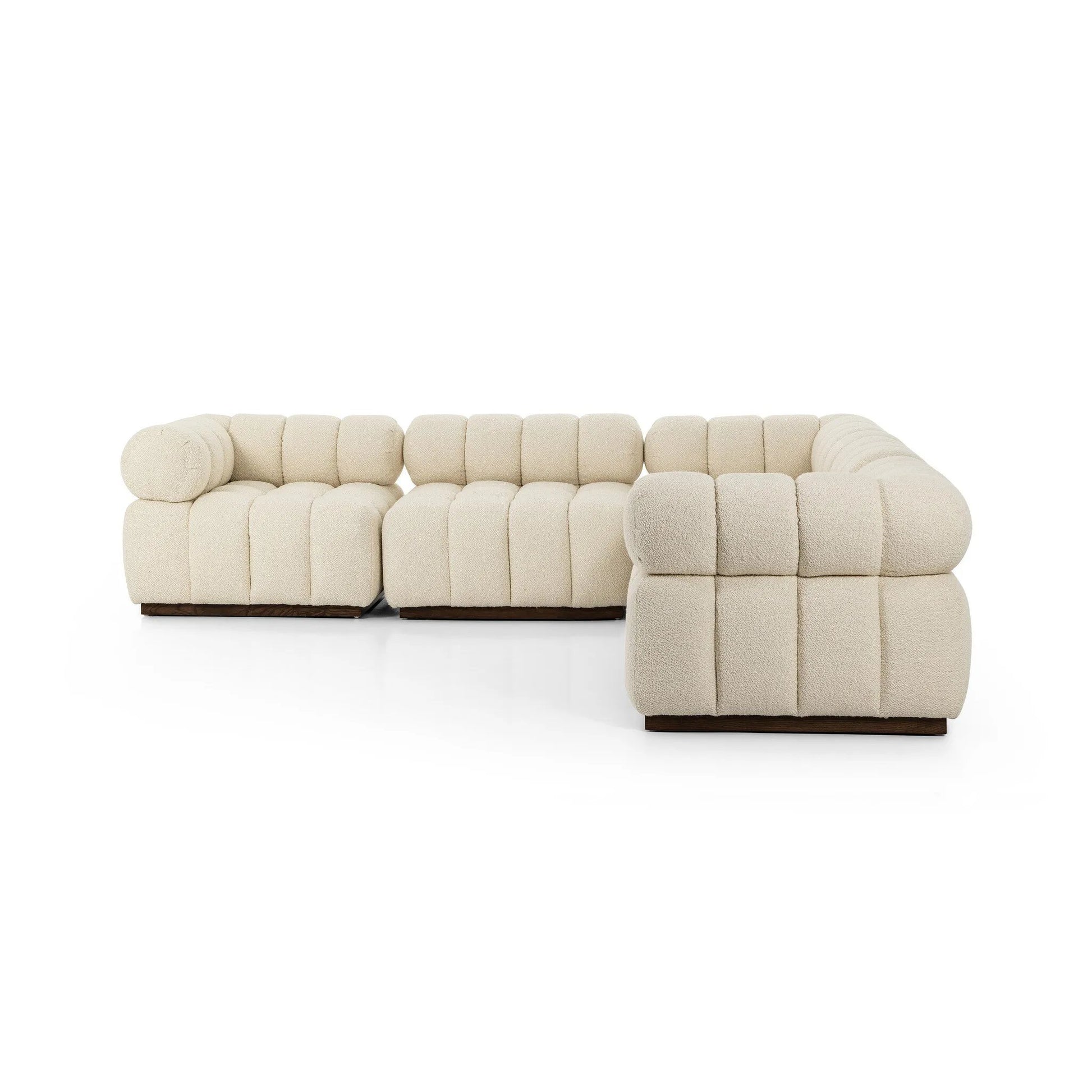 A modern take on mid-century Italian design, soft volume and exaggerated proportions fuse for a sculpted look and playful feel on this five-piece sectional. Atop a plinth-style ash base, softly textured upholstery features dramatic tufting for a padded sit. For indoor use only Amethyst Home provides interior design, new home construction design consulting, vintage area rugs, and lighting in the Monterey metro area.