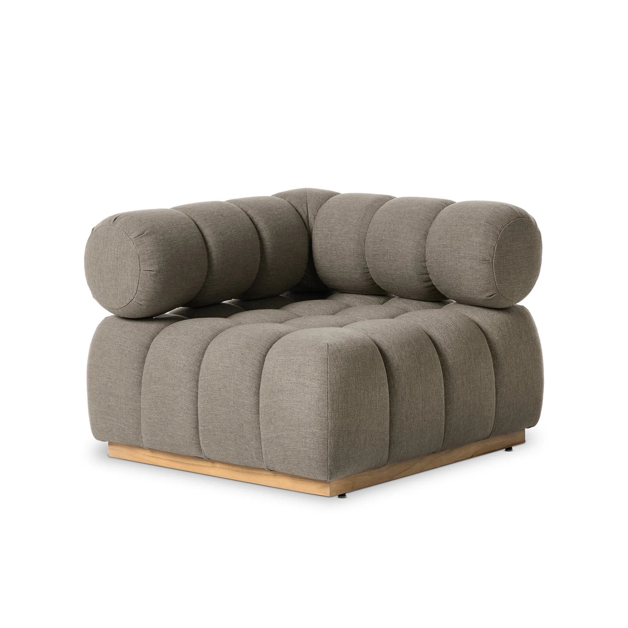 Featuring Roma Outdoor Sectional Alessi Fawn by Four Hands at Amethyst Home. A modern take on mid-century Italian design, soft volume and exaggerated proportions fuse for a sculpted look and playful feel. Atop a plinth-style teak base, outdoor-friendly ottoman features dramatic tufting for a padded sit or a tray for use as a table, indoors and out. Ottoman. Amethyst Home provides interior design, new home construction design consulting, vintage area rugs, and lighting in the Alpharetta metro area.