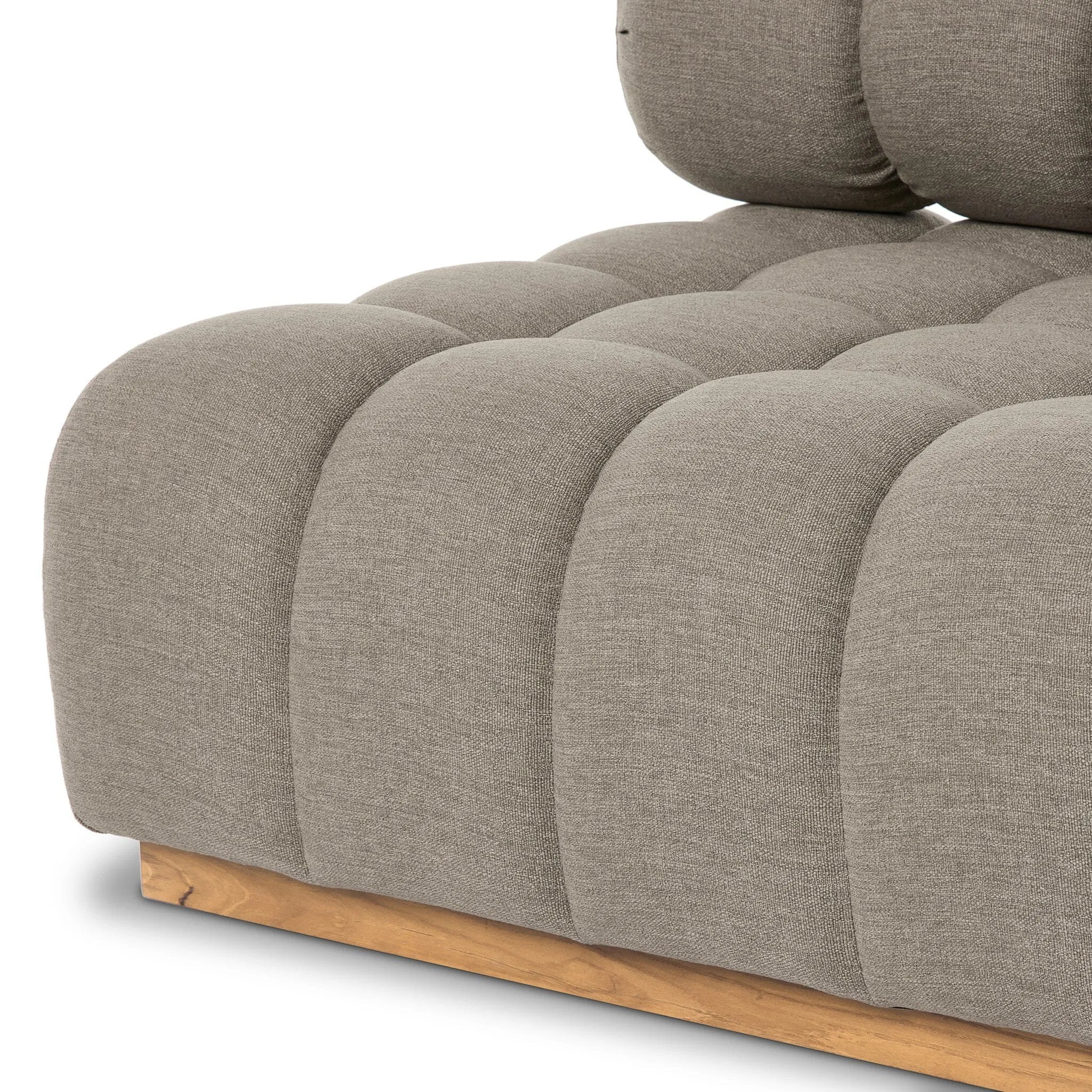 Featuring Roma Outdoor Sectional Alessi Fawn by Four Hands at Amethyst Home. A modern take on mid-century Italian design, soft volume and exaggerated proportions fuse for a sculpted look and playful feel. Atop a plinth-style teak base, outdoor-friendly ottoman features dramatic tufting for a padded sit or a tray for use as a table, indoors and out. Ottoman. Amethyst Home provides interior design, new home construction design consulting, vintage area rugs, and lighting in the Alpharetta metro area.