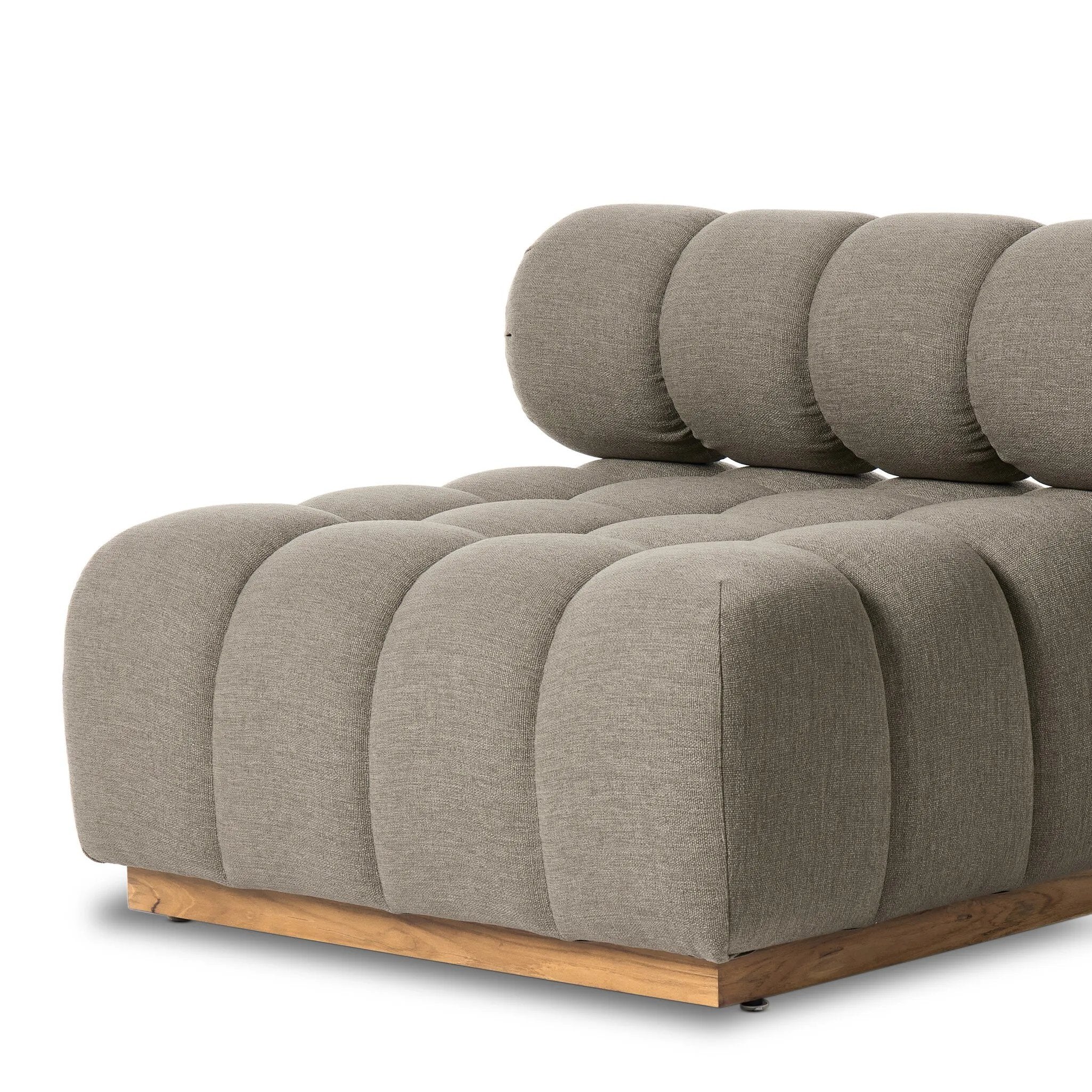 Featuring Roma Outdoor Sectional Alessi Fawn by Four Hands at Amethyst Home. A modern take on mid-century Italian design, soft volume and exaggerated proportions fuse for a sculpted look and playful feel. Atop a plinth-style teak base, outdoor-friendly ottoman features dramatic tufting for a padded sit or a tray for use as a table, indoors and out. Ottoman . Amethyst Home provides interior design, new home construction design consulting, vintage area rugs, and lighting in the Calabasas metro area.