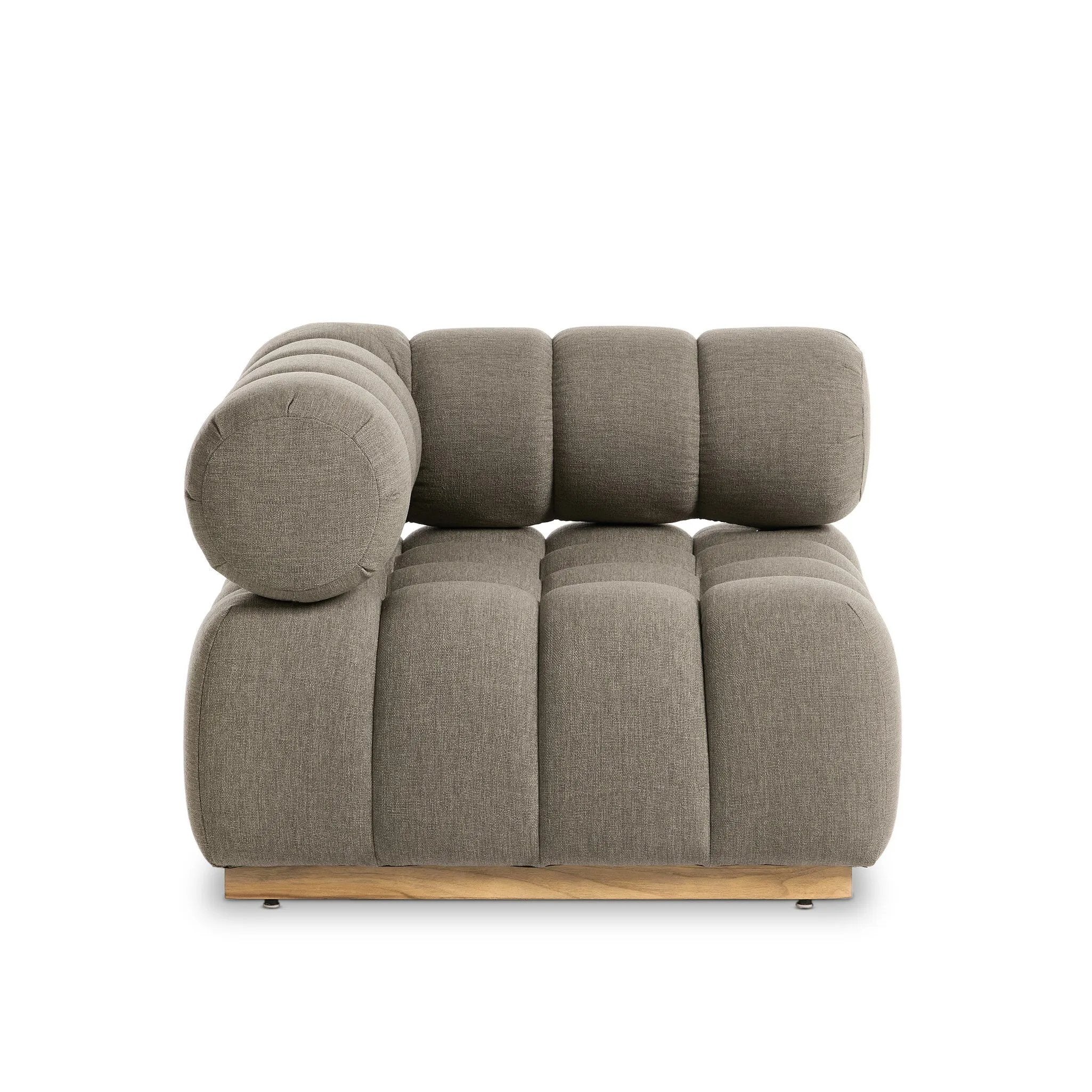 Featuring Roma Outdoor Sectional Alessi Fawn by Four Hands at Amethyst Home. A modern take on mid-century Italian design, soft volume and exaggerated proportions fuse for a sculpted look and playful feel. Atop a plinth-style teak base, outdoor-friendly ottoman features dramatic tufting for a padded sit or a tray for use as a table, indoors and out. Ottoman . Amethyst Home provides interior design, new home construction design consulting, vintage area rugs, and lighting in the Charlotte metro area.