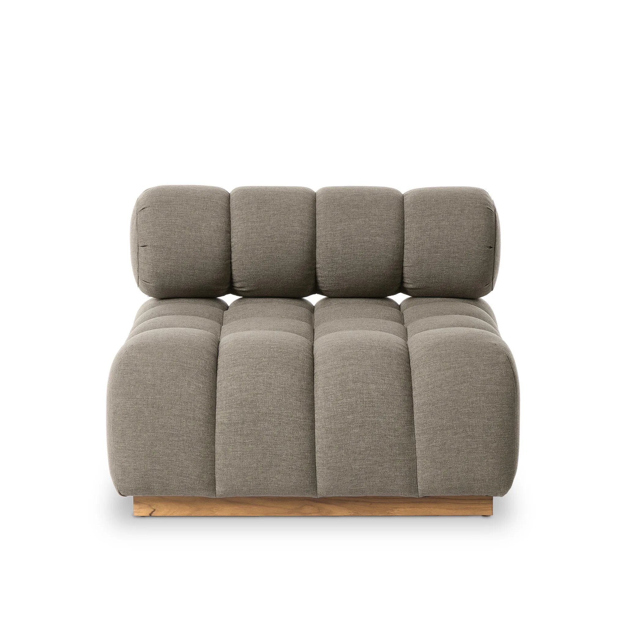 Featuring Roma Outdoor Sectional Alessi Fawn by Four Hands at Amethyst Home. A modern take on mid-century Italian design, soft volume and exaggerated proportions fuse for a sculpted look and playful feel. Atop a plinth-style teak base, outdoor-friendly ottoman features dramatic tufting for a padded sit or a tray for use as a table, indoors and out. Ottoman. Amethyst Home provides interior design, new home construction design consulting, vintage area rugs, and lighting in the Des Moines metro area.
