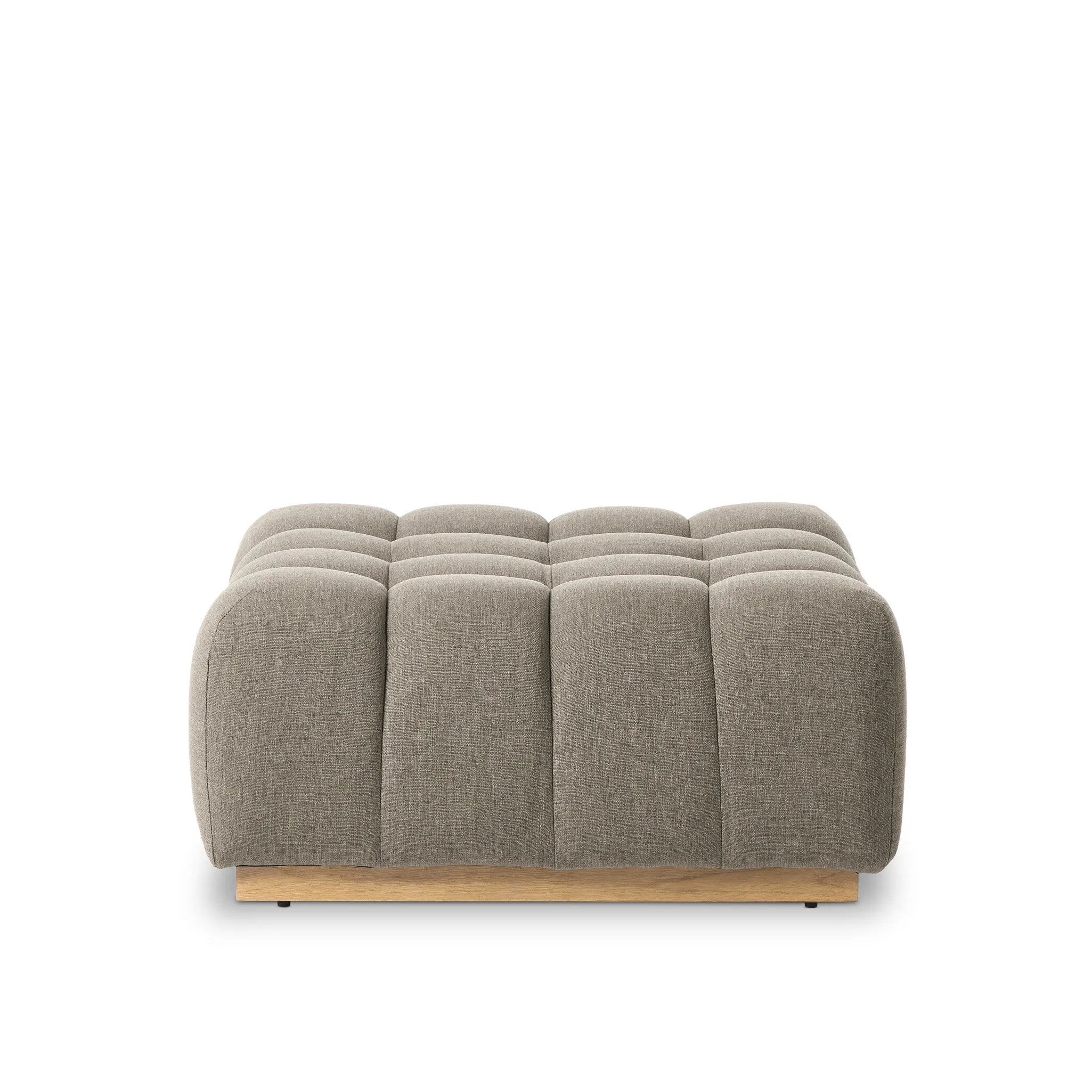 Featuring Roma Outdoor Sectional Alessi Fawn by Four Hands at Amethyst Home. A modern take on mid-century Italian design, soft volume and exaggerated proportions fuse for a sculpted look and playful feel. Atop a plinth-style teak base, outdoor-friendly ottoman features dramatic tufting for a padded sit or a tray for use as a table, indoors and out. Ottoman to. Amethyst Home provides interior design, new home construction design consulting, vintage area rugs, and lighting in the Houston metro area.