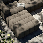 Featuring Roma Outdoor Sectional Alessi Fawn by Four Hands at Amethyst Home. A modern take on mid-century Italian design, soft volume and exaggerated proportions fuse for a sculpted look and playful feel. Atop a plinth-style teak base, outdoor-friendly ottoman features dramatic tufting for a padded sit or a tray for use as a table, indoors and out. Ottoman to m. Amethyst Home provides interior design, new home construction design consulting, vintage area rugs, and lighting in the Miami metro area.