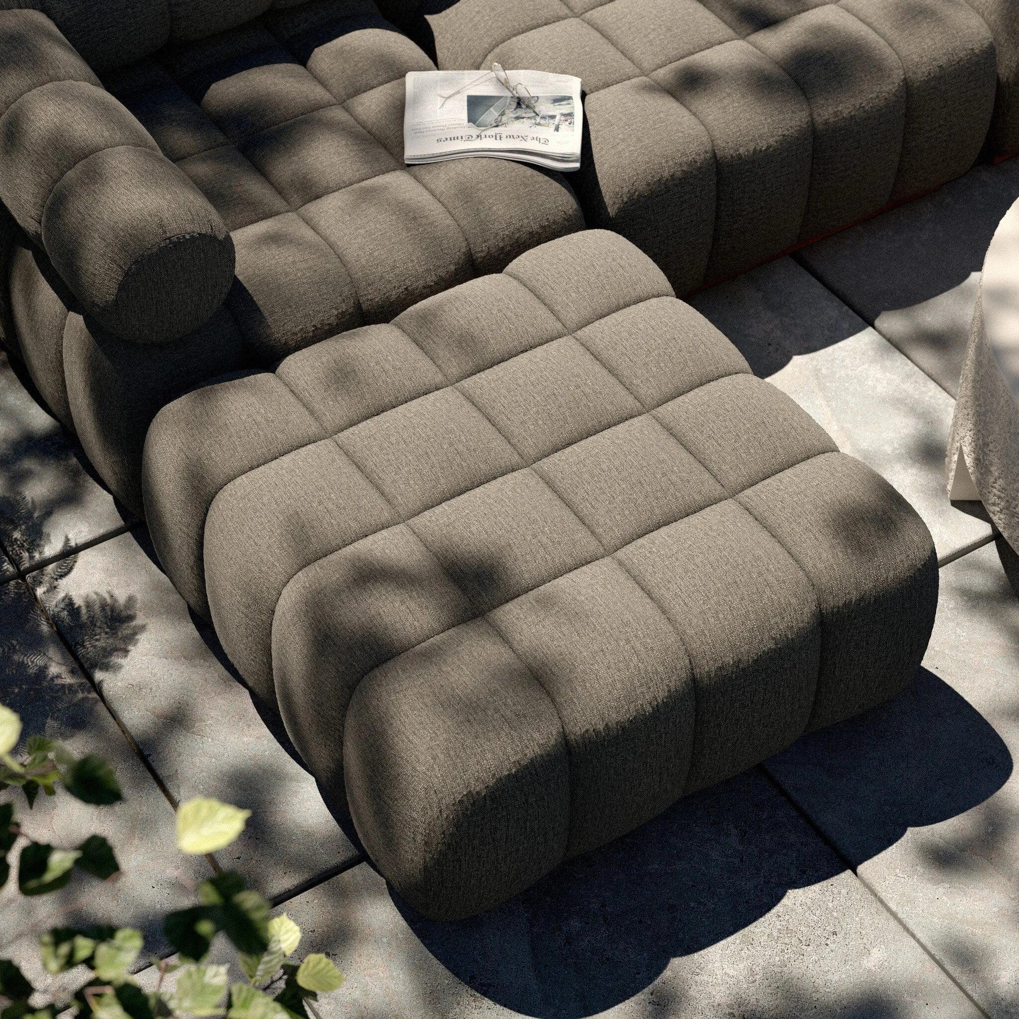 Featuring Roma Outdoor Sectional Alessi Fawn by Four Hands at Amethyst Home. A modern take on mid-century Italian design, soft volume and exaggerated proportions fuse for a sculpted look and playful feel. Atop a plinth-style teak base, outdoor-friendly ottoman features dramatic tufting for a padded sit or a tray for use as a table, indoors and out. Ottoman to m. Amethyst Home provides interior design, new home construction design consulting, vintage area rugs, and lighting in the Miami metro area.