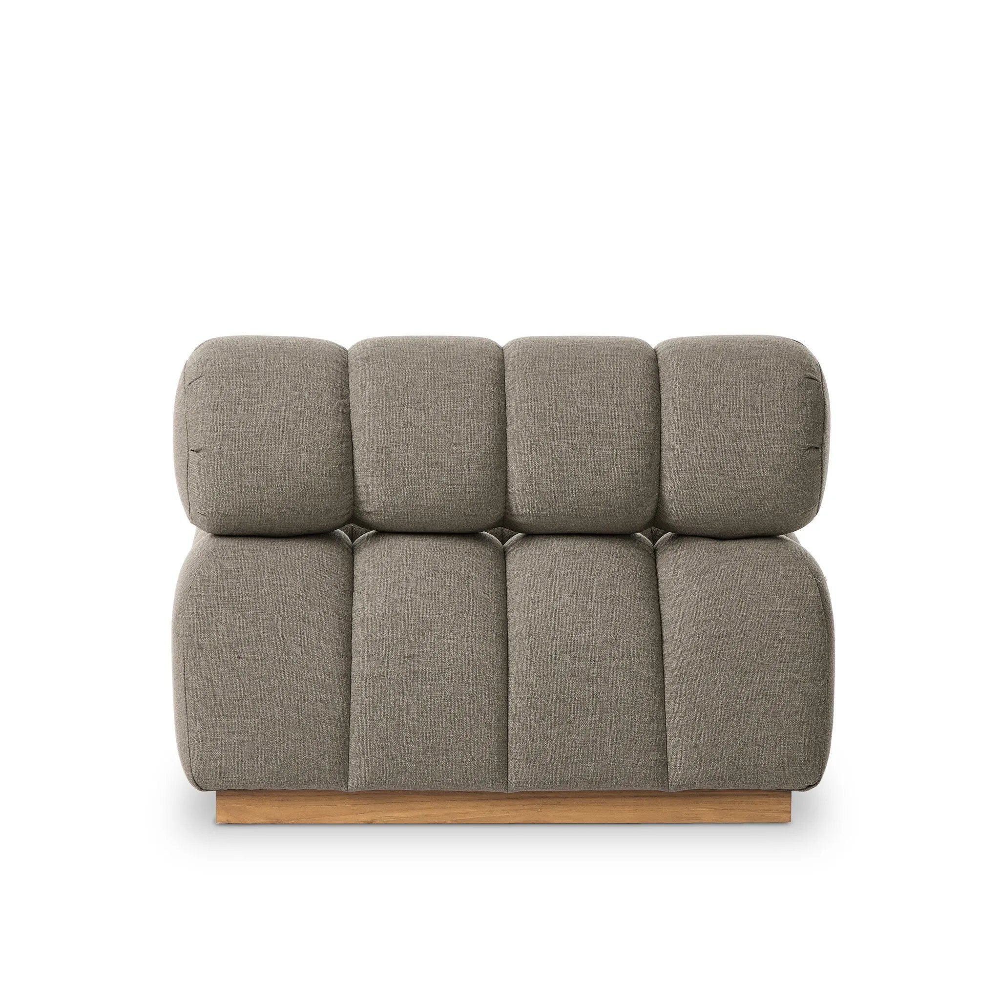 Featuring Roma Outdoor Sectional Alessi Fawn by Four Hands at Amethyst Home. A modern take on mid-century Italian design, soft volume and exaggerated proportions fuse for a sculpted look and playful feel. Atop a plinth-style teak base, outdoor-friendly ottoman features dramatic tufting for a padded sit or a tray for use as a table, indoors and out. Ottoman t. Amethyst Home provides interior design, new home construction design consulting, vintage area rugs, and lighting in the Portland metro area.