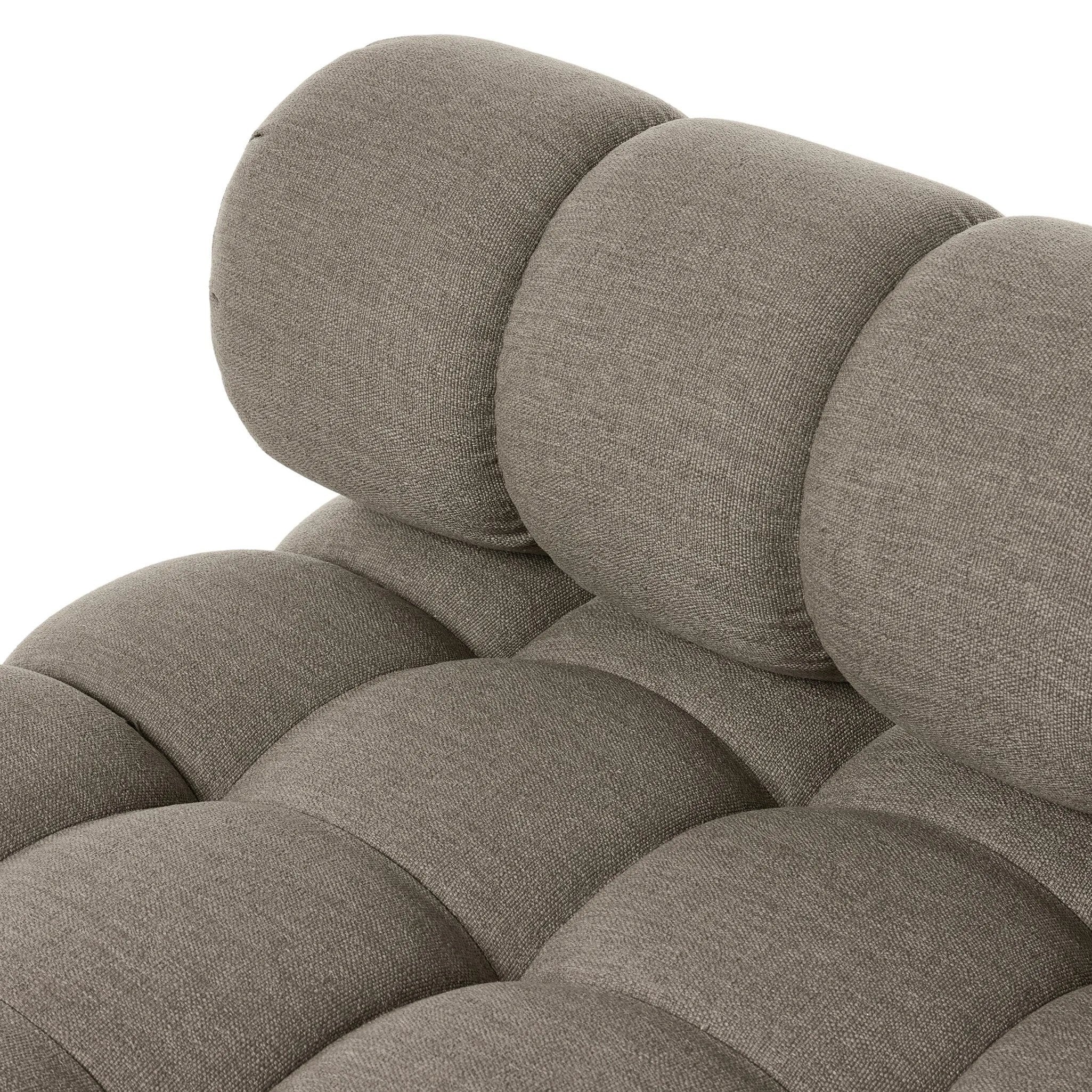 Featuring Roma Outdoor Sectional Alessi Fawn by Four Hands at Amethyst Home. A modern take on mid-century Italian design, soft volume and exaggerated proportions fuse for a sculpted look and playful feel. Atop a plinth-style teak base, outdoor-friendly ottoman features dramatic tufting for a padded sit or a tray for use as a table, indoors and out. Ott. Amethyst Home provides interior design, new home construction design consulting, vintage area rugs, and lighting in the Salt Lake City metro area.