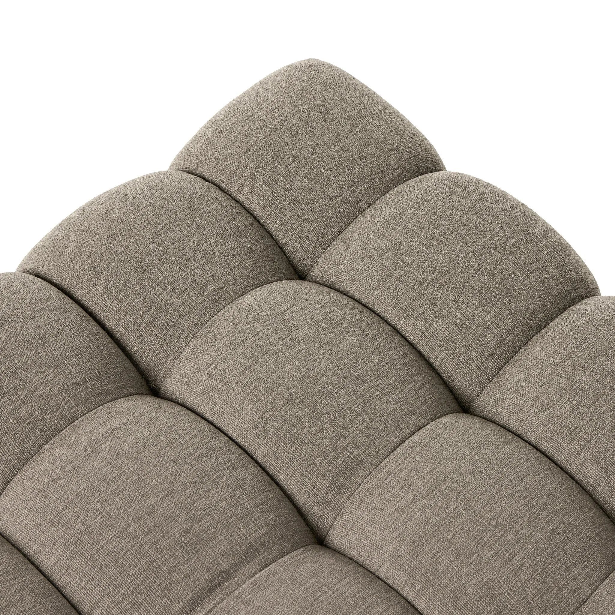 Featuring Roma Outdoor Sectional Alessi Fawn by Four Hands at Amethyst Home. A modern take on mid-century Italian design, soft volume and exaggerated proportions fuse for a sculpted look and playful feel. Atop a plinth-style teak base, outdoor-friendly ottoman features dramatic tufting for a padded sit or a tray for use as a table, indoors and out. Ott. Amethyst Home provides interior design, new home construction design consulting, vintage area rugs, and lighting in the Salt Lake City metro area.