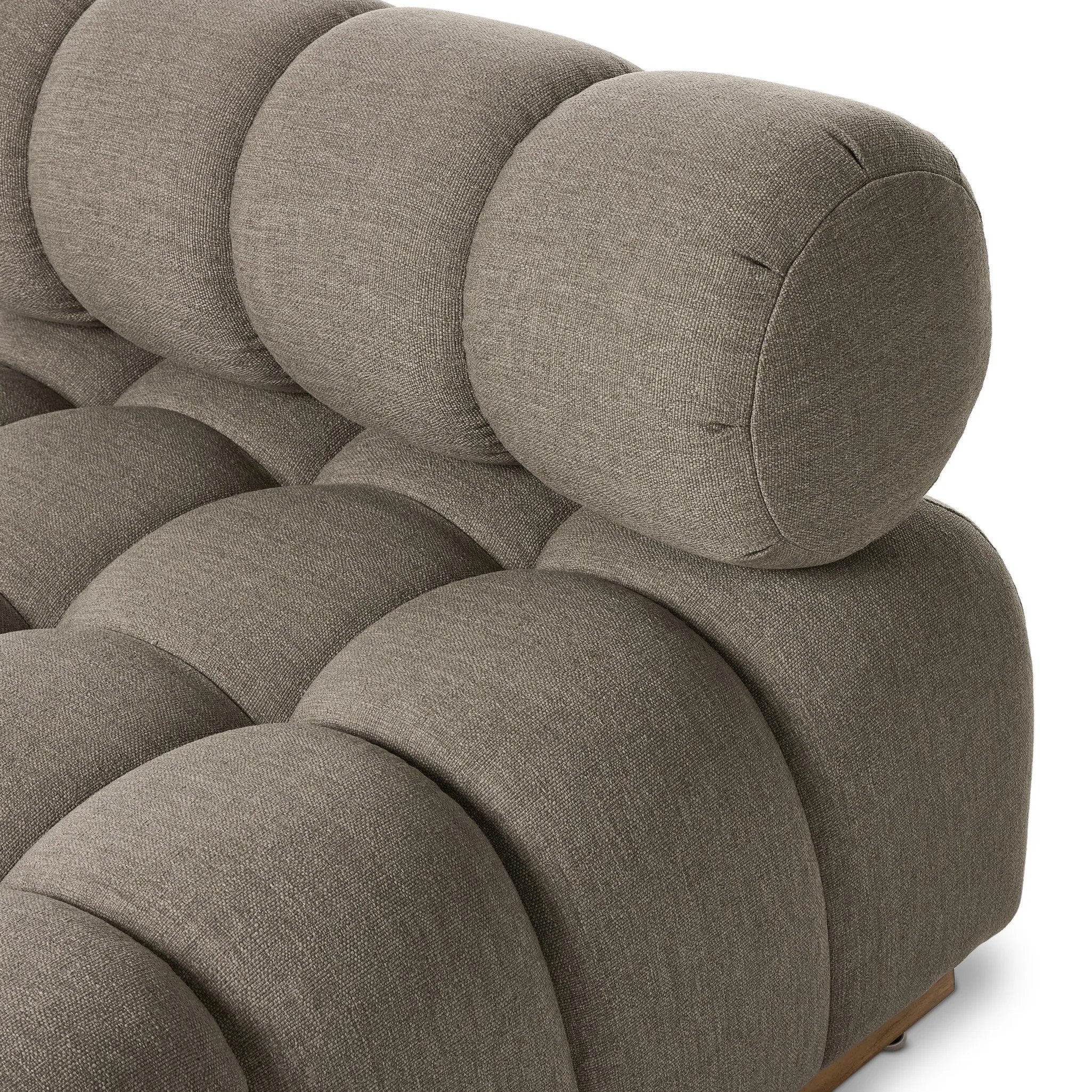 Featuring Roma Outdoor Sectional Alessi Fawn by Four Hands at Amethyst Home. A modern take on mid-century Italian design, soft volume and exaggerated proportions fuse for a sculpted look and playful feel. Atop a plinth-style teak base, outdoor-friendly ottoman features dramatic tufting for a padded sit or a tray for use as a table, indoors and out. Ottoman . Amethyst Home provides interior design, new home construction design consulting, vintage area rugs, and lighting in the San Diego metro area.