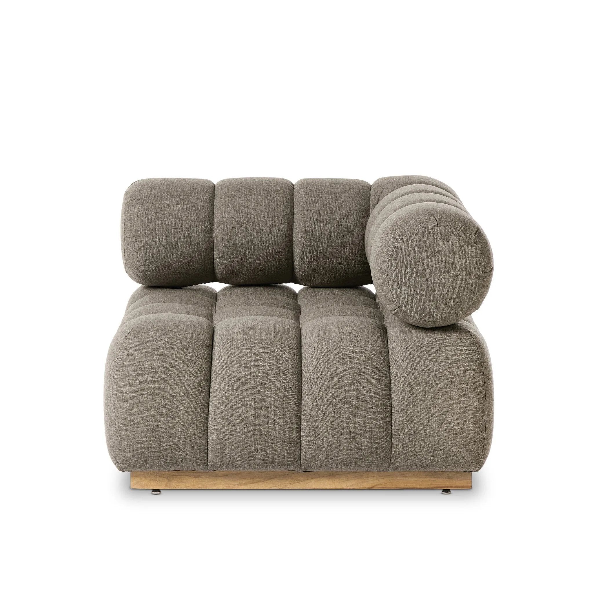 Featuring Roma Outdoor Sectional Alessi Fawn by Four Hands at Amethyst Home. A modern take on mid-century Italian design, soft volume and exaggerated proportions fuse for a sculpted look and playful feel. Atop a plinth-style teak base, outdoor-friendly ottoman features dramatic tufting for a padded sit or a tray for use as a table, indoors and out. Ottoman. Amethyst Home provides interior design, new home construction design consulting, vintage area rugs, and lighting in the Washington metro area.