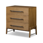 Amber-finished oak forms a clean silhouette for three spacious drawers with iron hardware wrapped in black top-grain leather. This item has been modified to comply with the STURDY Act. See a full list of modified products and data changes in the “STURDY Act” file in the Downloads section below Amethyst Home provides interior design, new home construction design consulting, vintage area rugs, and lighting in the Austin metro area.