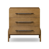 Amber-finished oak forms a clean silhouette for three spacious drawers with iron hardware wrapped in black top-grain leather. This item has been modified to comply with the STURDY Act. See a full list of modified products and data changes in the “STURDY Act” file in the Downloads section below Amethyst Home provides interior design, new home construction design consulting, vintage area rugs, and lighting in the Omaha metro area.