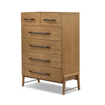 Amber-finished oak forms a clean silhouette for six spacious drawers with iron hardware wrapped in black top-grain leather. This item has been modified to comply with the STURDY Act. See a full list of modified products and data changes in the “STURDY Act” file in the Downloads section below Amethyst Home provides interior design, new home construction design consulting, vintage area rugs, and lighting in the Calabasas metro area.