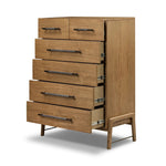 Amber-finished oak forms a clean silhouette for six spacious drawers with iron hardware wrapped in black top-grain leather. This item has been modified to comply with the STURDY Act. See a full list of modified products and data changes in the “STURDY Act” file in the Downloads section below Amethyst Home provides interior design, new home construction design consulting, vintage area rugs, and lighting in the Des Moines metro area.