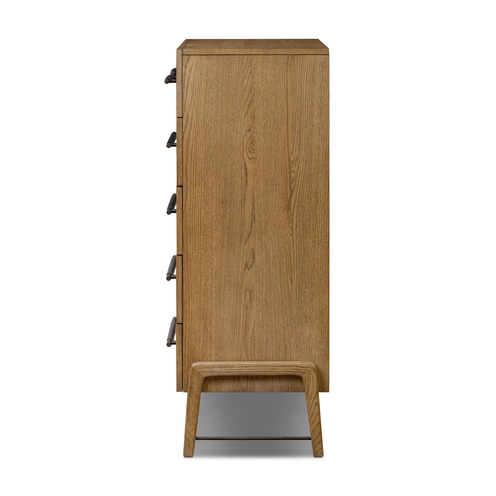 Amber-finished oak forms a clean silhouette for six spacious drawers with iron hardware wrapped in black top-grain leather. This item has been modified to comply with the STURDY Act. See a full list of modified products and data changes in the “STURDY Act” file in the Downloads section below Amethyst Home provides interior design, new home construction design consulting, vintage area rugs, and lighting in the Houston metro area.