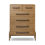 Amber-finished oak forms a clean silhouette for six spacious drawers with iron hardware wrapped in black top-grain leather. This item has been modified to comply with the STURDY Act. See a full list of modified products and data changes in the “STURDY Act” file in the Downloads section below Amethyst Home provides interior design, new home construction design consulting, vintage area rugs, and lighting in the Portland metro area.