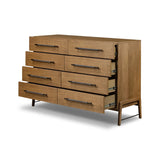 Amber-finished oak forms a clean silhouette for eight spacious drawers with iron hardware wrapped in black top-grain leather. This item has been modified to comply with the STURDY Act. See a full list of modified products and data changes in the “STURDY Act” file in the Downloads section below Amethyst Home provides interior design, new home construction design consulting, vintage area rugs, and lighting in the Alpharetta metro area.