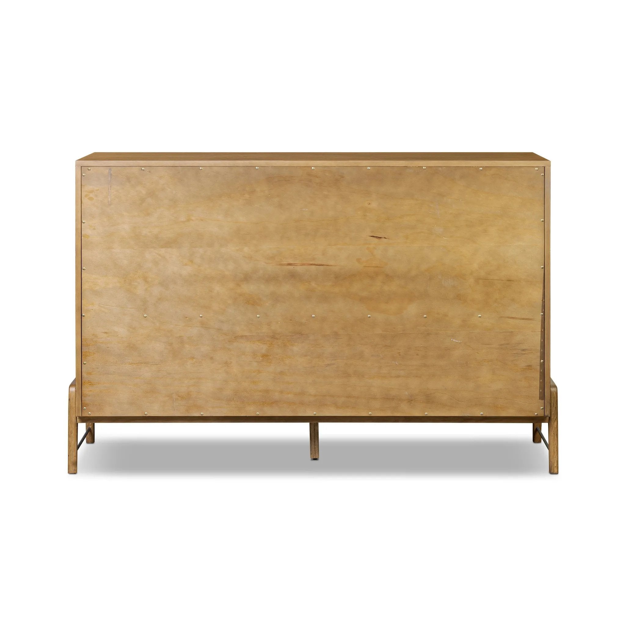 Amber-finished oak forms a clean silhouette for eight spacious drawers with iron hardware wrapped in black top-grain leather. This item has been modified to comply with the STURDY Act. See a full list of modified products and data changes in the “STURDY Act” file in the Downloads section below Amethyst Home provides interior design, new home construction design consulting, vintage area rugs, and lighting in the Portland metro area.