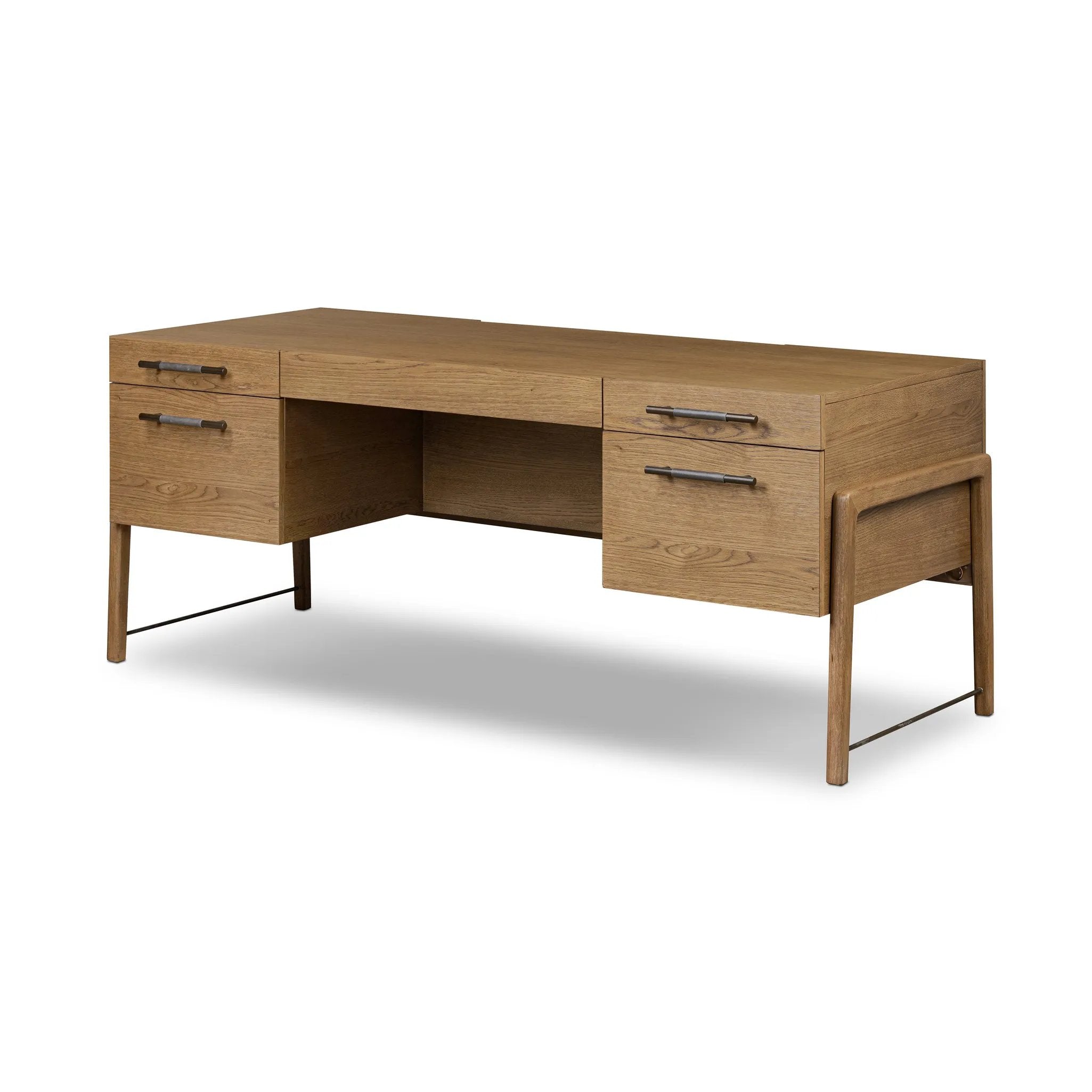 Amber-finished oak crafts shapes a clean silhouette, accented with iron hardware wrapped in black top-grain leather. Vary-sized drawers offer plenty of storage, while outset legs bring a design-forward touch Amethyst Home provides interior design, new home construction design consulting, vintage area rugs, and lighting in the Austin metro area.