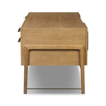 Amber-finished oak crafts shapes a clean silhouette, accented with iron hardware wrapped in black top-grain leather. Vary-sized drawers offer plenty of storage, while outset legs bring a design-forward touch Amethyst Home provides interior design, new home construction design consulting, vintage area rugs, and lighting in the Calabasas metro area.
