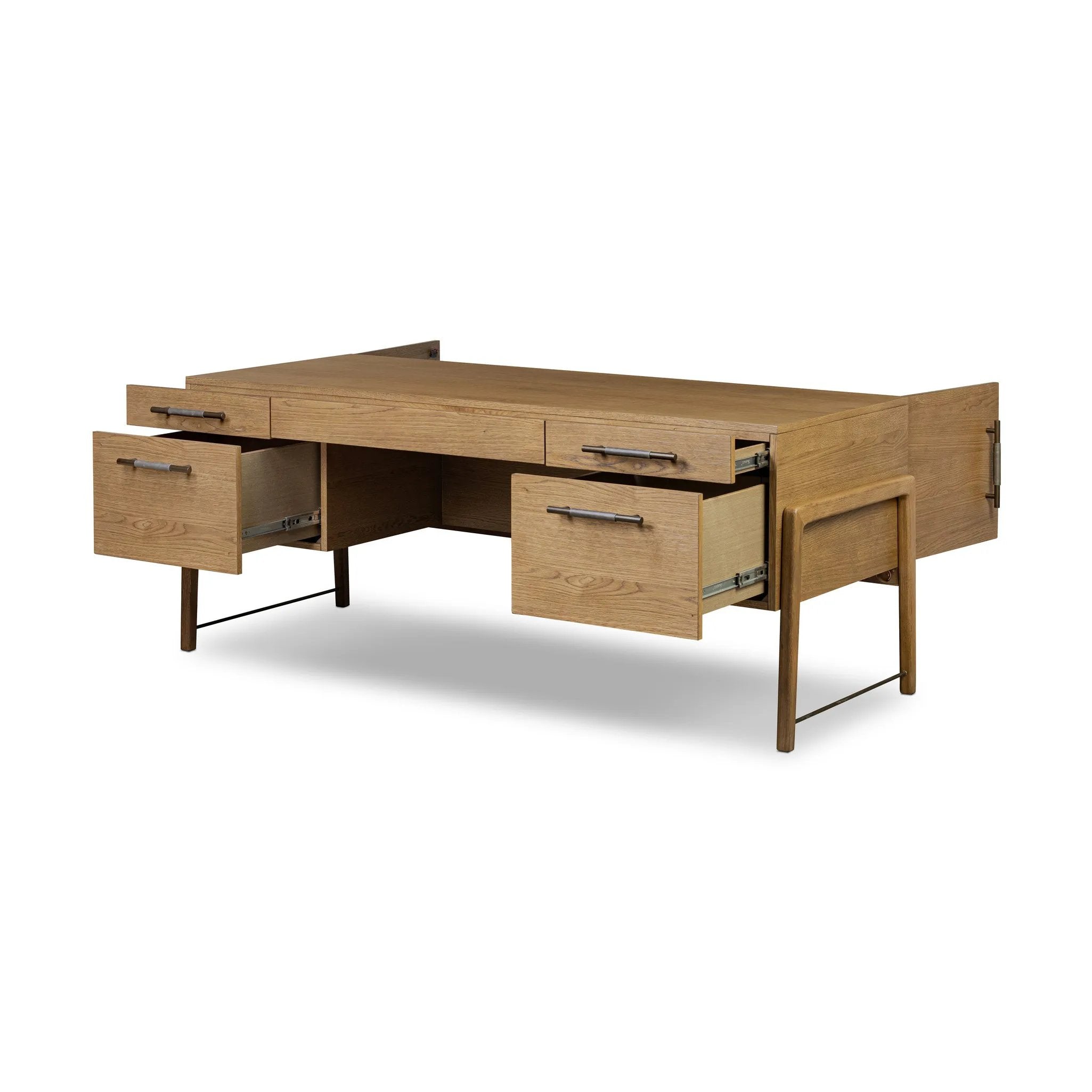 Amber-finished oak crafts shapes a clean silhouette, accented with iron hardware wrapped in black top-grain leather. Vary-sized drawers offer plenty of storage, while outset legs bring a design-forward touch Amethyst Home provides interior design, new home construction design consulting, vintage area rugs, and lighting in the Charlotte metro area.