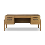 Amber-finished oak crafts shapes a clean silhouette, accented with iron hardware wrapped in black top-grain leather. Vary-sized drawers offer plenty of storage, while outset legs bring a design-forward touch Amethyst Home provides interior design, new home construction design consulting, vintage area rugs, and lighting in the Omaha metro area.