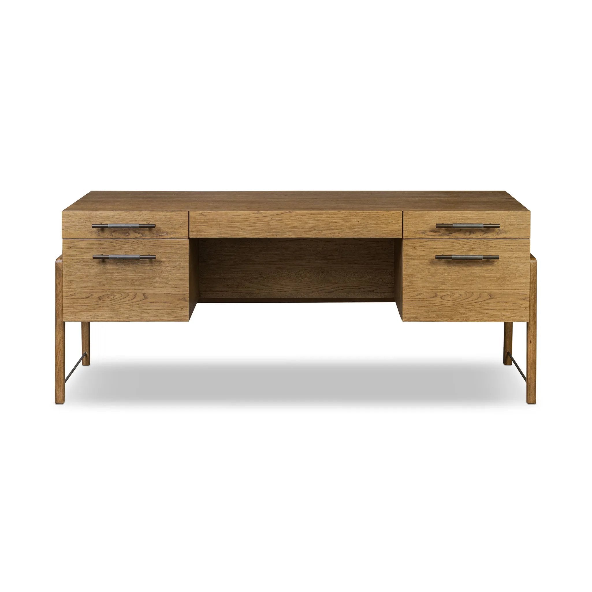 Amber-finished oak crafts shapes a clean silhouette, accented with iron hardware wrapped in black top-grain leather. Vary-sized drawers offer plenty of storage, while outset legs bring a design-forward touch Amethyst Home provides interior design, new home construction design consulting, vintage area rugs, and lighting in the Omaha metro area.