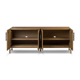 Amber-finished oak forms a clean silhouette with plenty of storage, accented with long iron hardware wrapped in black top-grain leather. Outset legs add an element of interest. Rear cutouts for cord management Amethyst Home provides interior design, new home construction design consulting, vintage area rugs, and lighting in the Des Moines metro area.