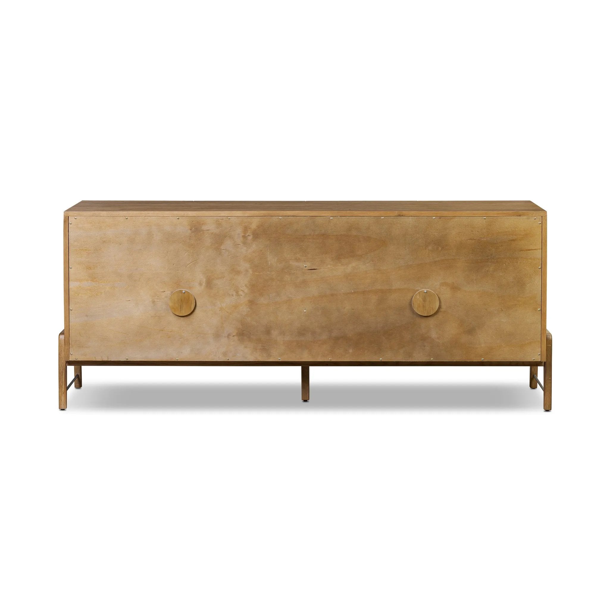 Amber-finished oak forms a clean silhouette with plenty of storage, accented with long iron hardware wrapped in black top-grain leather. Outset legs add an element of interest. Rear cutouts for cord management Amethyst Home provides interior design, new home construction design consulting, vintage area rugs, and lighting in the Newport Beach metro area.