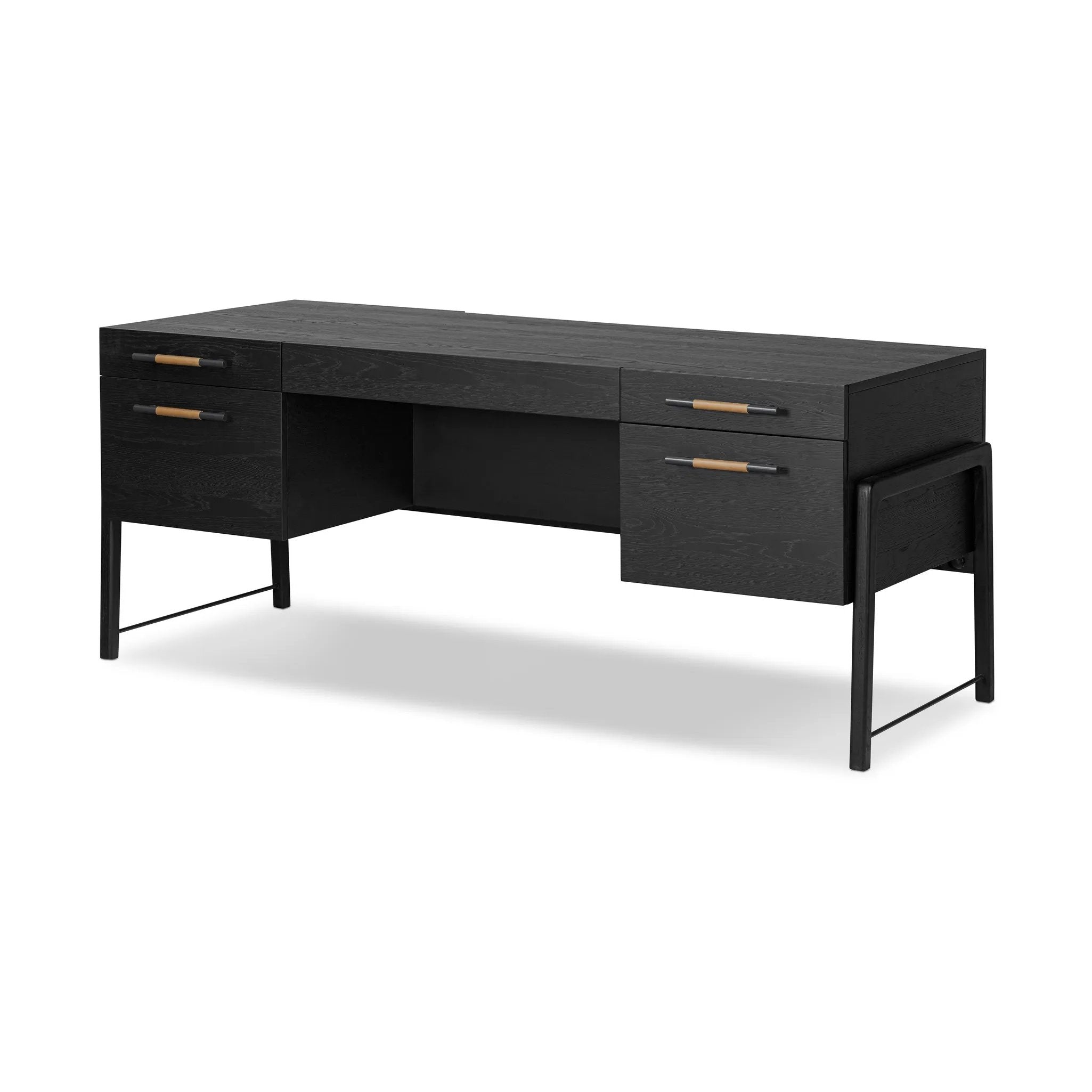 Accented with iron hardware wrapped in tan top-grain leather, dark-finished oak crafts shapes a clean silhouette. Vary-sized drawers offer plenty of storage, while outset legs bring a design-forward touch Amethyst Home provides interior design, new home construction design consulting, vintage area rugs, and lighting in the Park City metro area.
