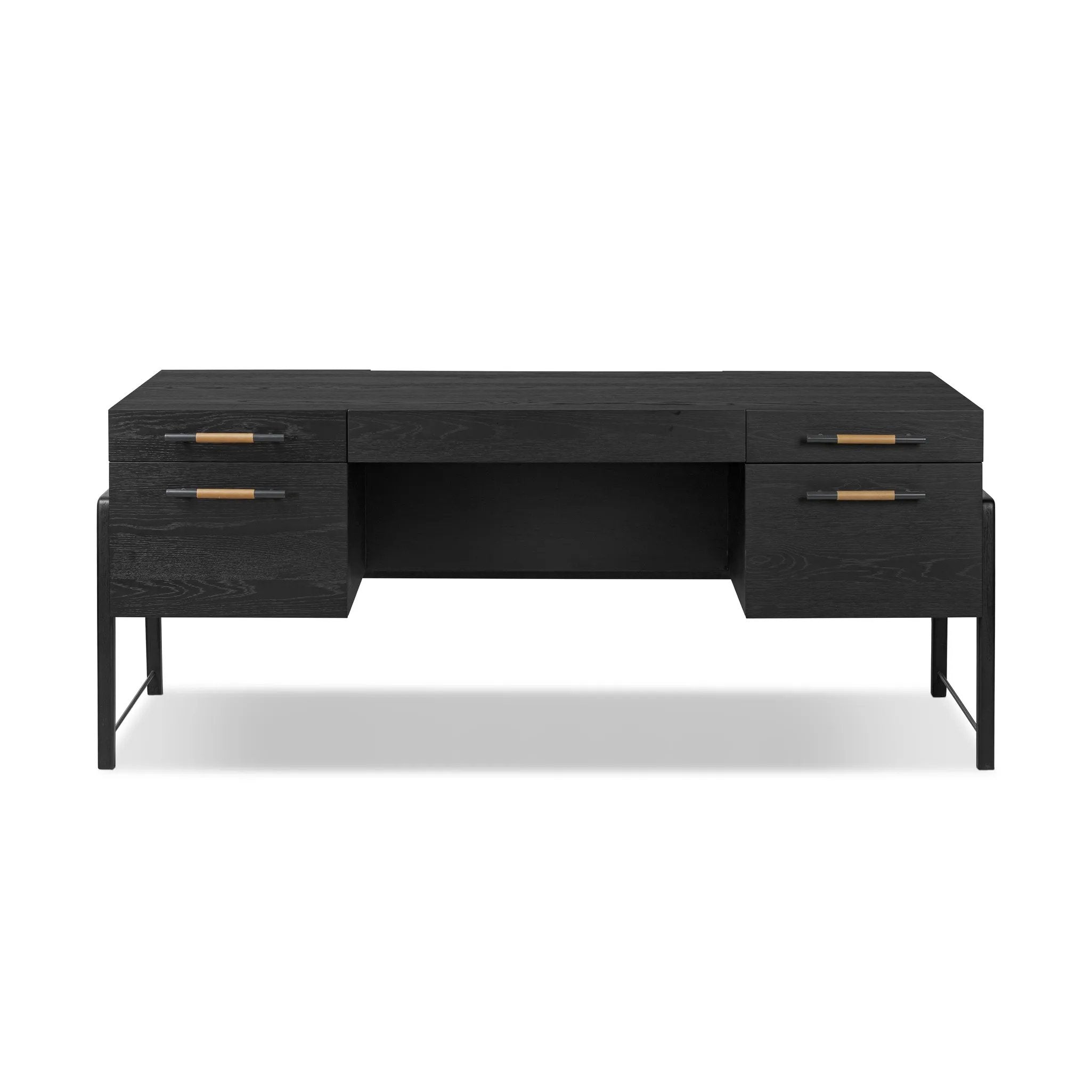 Accented with iron hardware wrapped in tan top-grain leather, dark-finished oak crafts shapes a clean silhouette. Vary-sized drawers offer plenty of storage, while outset legs bring a design-forward touch Amethyst Home provides interior design, new home construction design consulting, vintage area rugs, and lighting in the Scottsdale metro area.