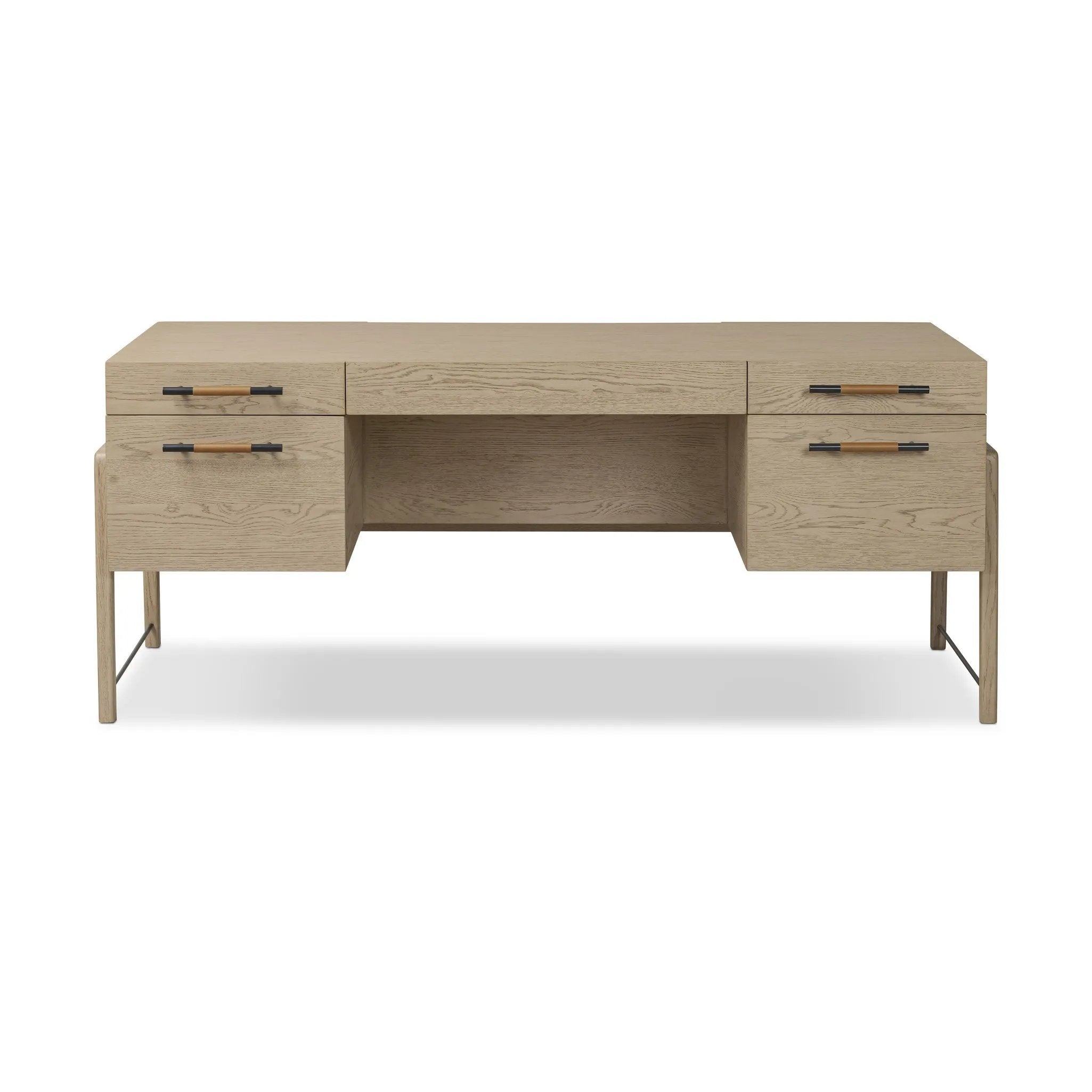 Accented with iron hardware wrapped in tan top-grain leather, light-finished oak crafts shapes a clean silhouette. Vary-sized drawers offer plenty of storage, while outset legs bring a design-forward touch Amethyst Home provides interior design, new home construction design consulting, vintage area rugs, and lighting in the Park City metro area.