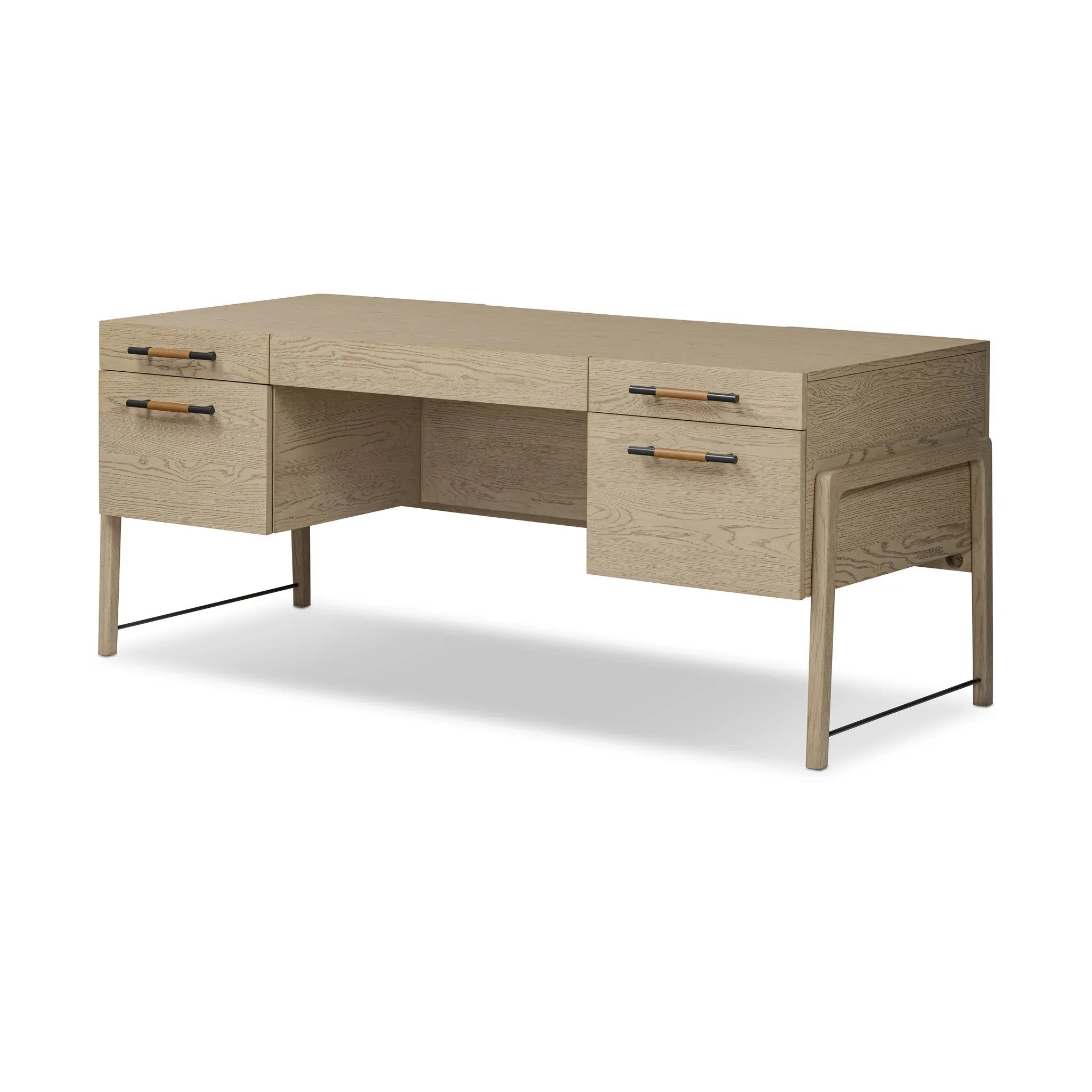 Accented with iron hardware wrapped in tan top-grain leather, light-finished oak crafts shapes a clean silhouette. Vary-sized drawers offer plenty of storage, while outset legs bring a design-forward touch Amethyst Home provides interior design, new home construction design consulting, vintage area rugs, and lighting in the Salt Lake City metro area.